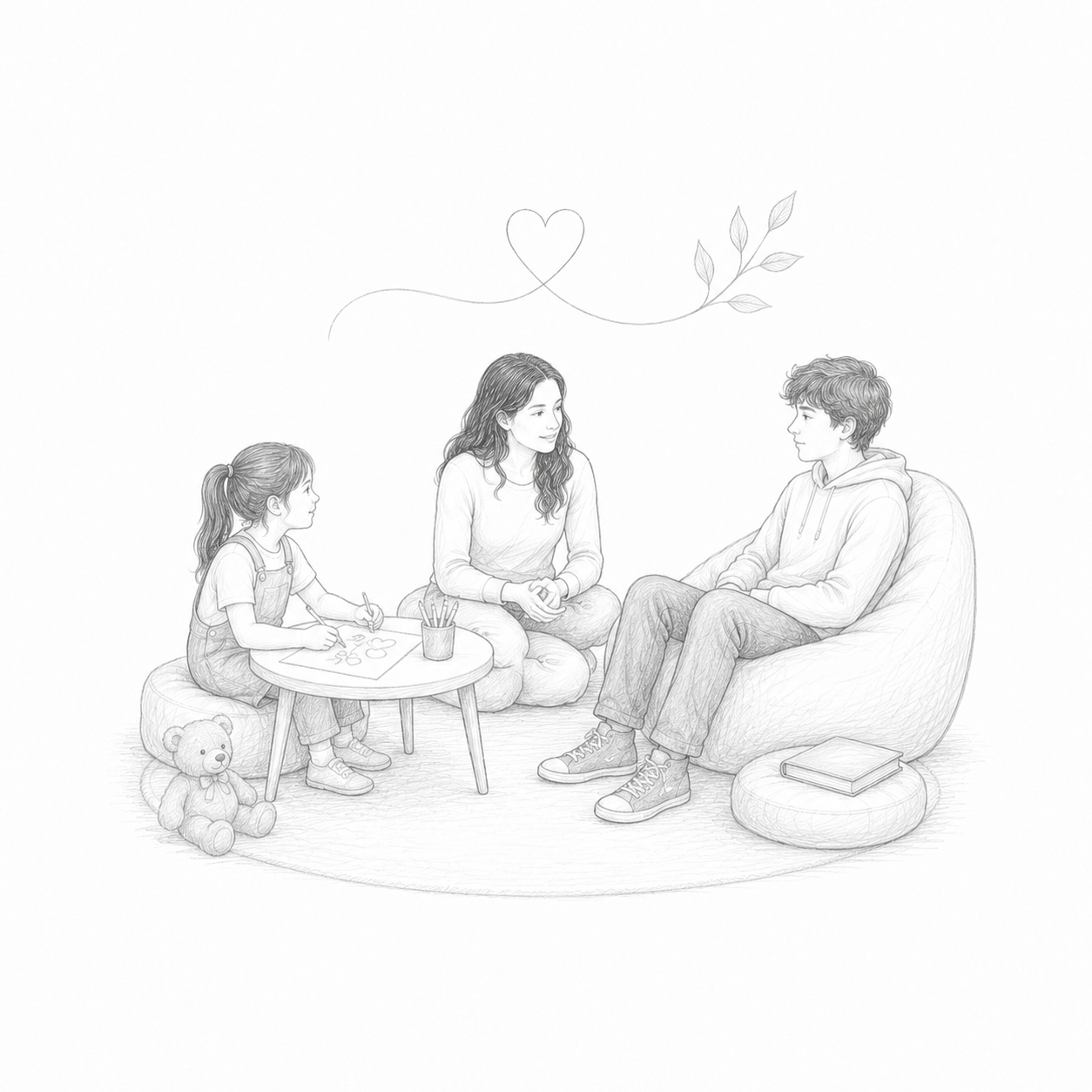 Ilustración de una familia en sesión de psicología infantil y adolescente