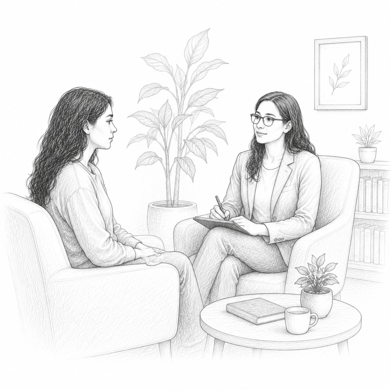 Ilustración de una psicóloga atendiendo a una paciente adulta en consulta