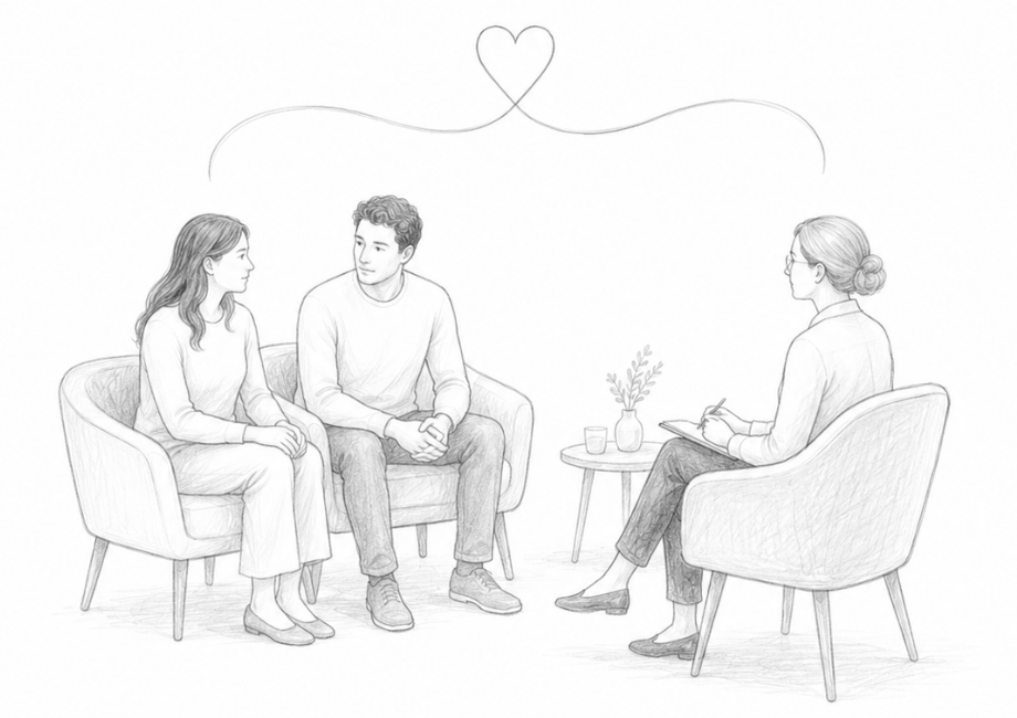 Ilustración de una pareja en sesión de terapia de pareja con una psicóloga